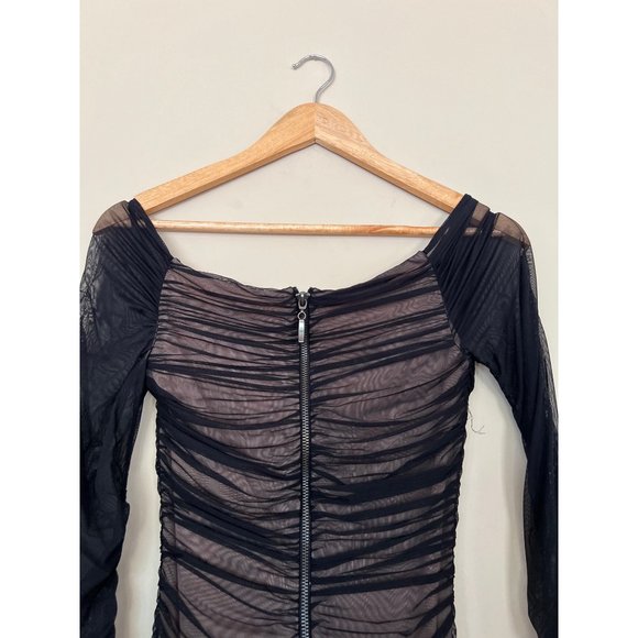 BEBE Mini Dress Womens XS Black Off Shoulder Ruched Bodycon Cocktail Sexy - Picture 8 of 11